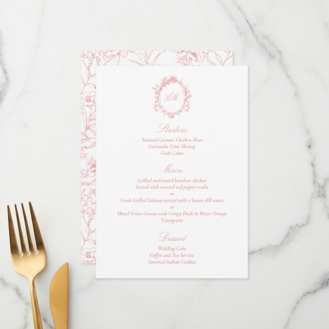 Menu Sofisticado Casamento Botânico Rosa Chinoiserie (Frente/Verso In Situ)