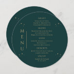 Menu Sol Dourado místico Sol Lua Estende Casamento Espa<br><div class="desc">Mística Verde Verde Dourada Sol Lua Estrelas Espaciais Cartões de Menu de Casamento Apresenta estrelas douradas simples num fundo verde com os detalhes do menu no centro em um moderno roteiro de caligrafia dourada. Personalize editando o texto nas caixas de texto fornecidas. Projetado pelo Evco Studio www.zazzle.com/store/evcostudio</div>