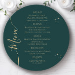 Menu Sol Dourado místico Sol Lua Estende Casamento Espa<br><div class="desc">Mística Verde Verde Dourada Sol Lua Estrelas Espaciais Cartões de Menu de Casamento Apresenta estrelas douradas simples num fundo verde com os detalhes do menu no centro em um moderno roteiro de caligrafia dourada. Personalize editando o texto nas caixas de texto fornecidas. Projetado pelo Evco Studio www.zazzle.com/store/evcostudio</div>