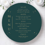 Menu Sol Dourado místico Sol Lua Estende Casamento Espa<br><div class="desc">Mística Verde Verde Dourada Sol Lua Estrelas Espaciais Cartões de Menu de Casamento Apresenta estrelas douradas simples num fundo verde com os detalhes do menu no centro em um moderno roteiro de caligrafia dourada. Personalize editando o texto nas caixas de texto fornecidas. Projetado pelo Evco Studio www.zazzle.com/store/evcostudio</div>
