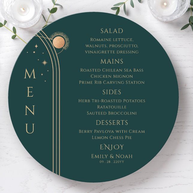 Menu Sol Dourado místico Sol Lua Estende Casamento Espa (Criador carregado)