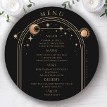 Menu Sol Dourado Místico Sol Lua Negro Stars Casamento<br><div class="desc">Místico Black Sun Moon Stars Space Wedding Cartões Menu Cartões de Casamento Ouro, Lua e estrelas armadas sobre fundo preto com os detalhes do menu no centro do moderno roteiro de caligrafia dourada. Personalize editando o texto nas caixas de texto fornecidas. Projetado para você pelo Evco Studio © em www.zazzle.com/store/evcostudio...</div>