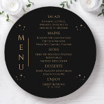 Menu Sol Dourado Místico Sol Lua Negro Stars Casamento<br><div class="desc">Mystical Black Black Sun Moon Stars Space Wedding Cards com carateres de menu de casamento com estrelas simples douradas sobre fundo preto com os detalhes do menu no centro em um roteiro de caligrafia dourada moderno. Personalize editando o texto nas caixas de texto fornecidas. Projetado pelo Evco Studio www.zazzle.com/store/evcostudio</div>