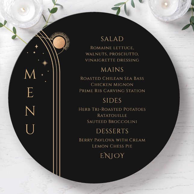 Menu Sol Dourado Místico Sol Lua Negro Stars Casamento  (Criador carregado)