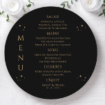 Menu Sol Dourado Místico Sol Lua Negro Stars Casamento<br><div class="desc">Mystical Black Black Sun Moon Stars Space Wedding Cards com carateres de menu de casamento com estrelas simples douradas sobre fundo preto com os detalhes do menu no centro em um roteiro de caligrafia dourada moderno. Personalize editando o texto nas caixas de texto fornecidas. Projetado pelo Evco Studio www.zazzle.com/store/evcostudio</div>