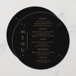 Menu Sol Dourado Místico Sol Lua Negro Stars Casamento<br><div class="desc">Mystical Black Black Sun Moon Stars Space Wedding Cards com carateres de menu de casamento com estrelas simples douradas sobre fundo preto com os detalhes do menu no centro em um roteiro de caligrafia dourada moderno. Personalize editando o texto nas caixas de texto fornecidas. Projetado pelo Evco Studio www.zazzle.com/store/evcostudio</div>