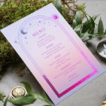 Menu Sol Rosa Rosa Rosa Maciça Mística Estrelas Casamen<br><div class="desc">Sun Moon, Rosa Sol Mística Mística Estrelas Astronomia Galáxia Cósmica Celestial Cartões de Menu de Casamento Cards apresentam um sol rosa e roxo, lua e estrelas numa base solar de praia pastel com seus detalhes cardápios no centro em um roteiro de caligrafia roxa moderno. Personalize editando o texto nas caixas...</div>