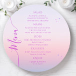 Menu Sol Rosa Rosa Sol Místico Místico Estende Casament<br><div class="desc">Sun Moon Stars Espacial Cartões de Menu de Casamento com Sol Rosa-Rosa Mística Mística Apresenta estrelas simples rosa e roxas num fundo solar pastel com detalhes cardápios no centro em um roteiro de caligrafia roxa moderno. Personalize editando o texto nas caixas de texto fornecidas. Projetado pelo Evco Studio www.zazzle.com/store/evcostudio</div>