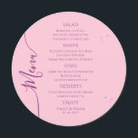 Menu Solo Rosa Celestial Púrpura Sol Lua Estende Casame<br><div class="desc">Celestial Rosa Púrpura Sol Lua Parecida Espacial Cartões Cartões de Menu de Casamento Possui estrelas simples rosa e roxas sobre um fundo cor-de-rosa com detalhes de menu no centro em um moderno roteiro de caligrafia rosa. Personalize editando o texto nas caixas de texto fornecidas. Projetado por ©2022 Evco Studio em...</div>