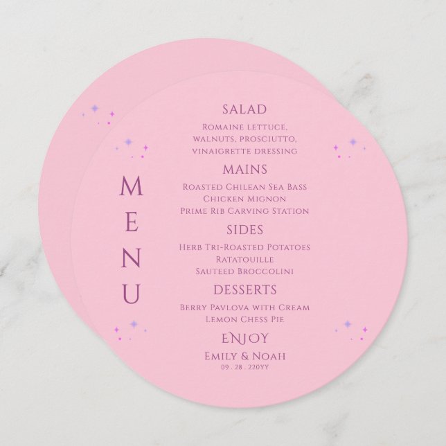 Menu Solo Rosa Celestial Púrpura Sol Lua Estrelas Casam (Frente/Verso)