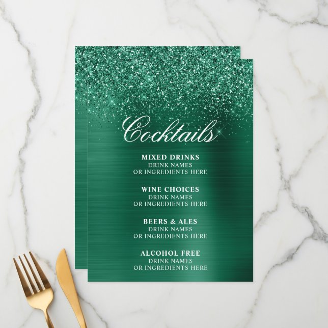 Menu Sparkly Hunter Green Glitter Foil Cocktails Bar (Frente/Verso In Situ)