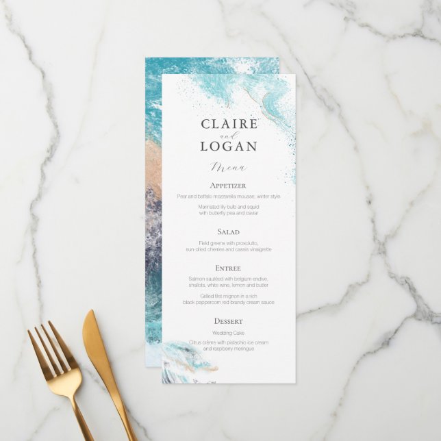 Menu Splashing Blue Waves Coastal Wedding (Frente/Verso In Situ)