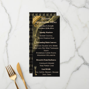 Menu Spooky Halloween com preto, Dourado e crânio