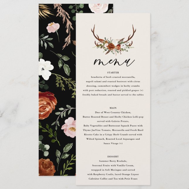 Menu Stag black terracotta floral rusticidade elegante  (Frente/Verso)