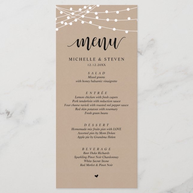Menu String Lights Brown Kraft Janto Elopement (Frente)