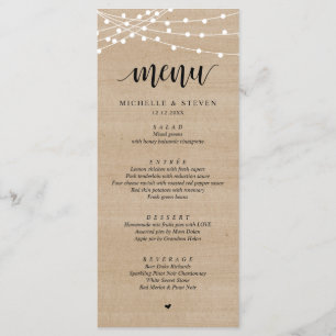 Menu String Lights Brown Wood Casamento Elopement Janto