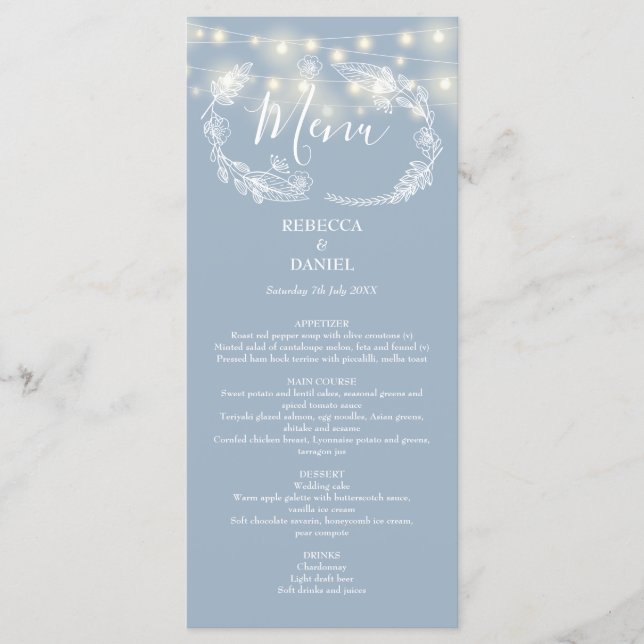 Menu String Lights Floral Dusty Blue Weding (Frente)