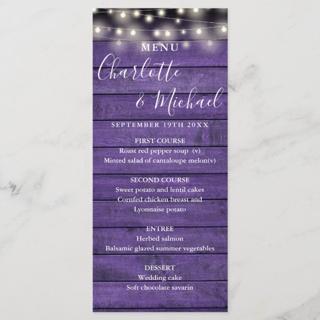 Menu String Lights Purple Rustic Wood WedMenu (Frente)