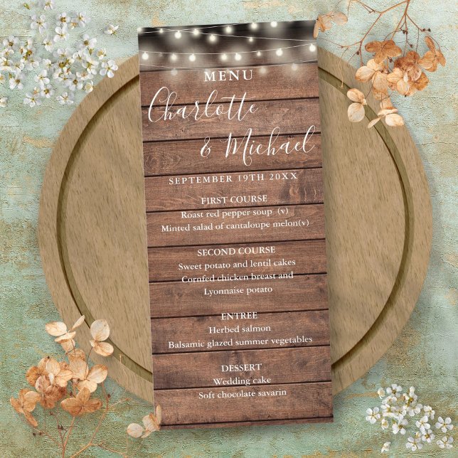 Menu String Lights Rustic Wood WedMenu (String Lights Rustic Wood Wedding Menu)