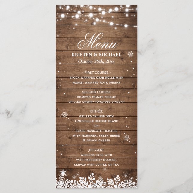 Menu String Lights Wood Rustic Casamento no inverno Men (Frente)