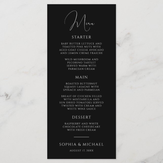 Menu Stylish Modern Script Black And White Wedding (Frente)