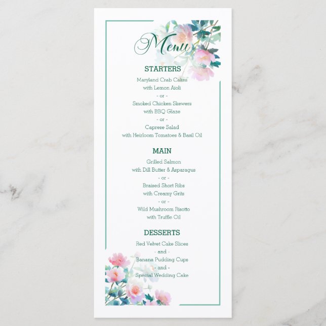 Menu Subtle Botanical Blush Pink Peony Flowers Wedding (Frente)
