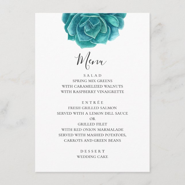 Menu Suculenta azul aquarela. Casamento em tons de azul (Frente)