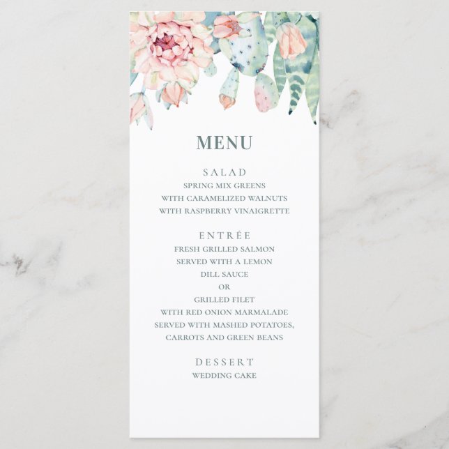 Menu Suculentas de casamento em aquarela. Cacto floral  (Frente)