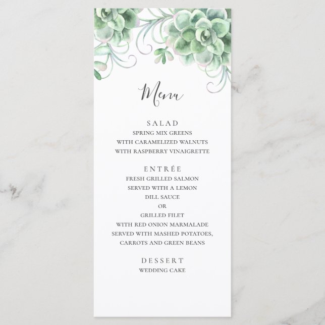 Menu Suculentas em aquarela. Casamento de cacto verde (Frente)