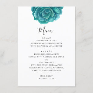 Menu Suculente a azul de aquarela. Casamento teal. Botâ