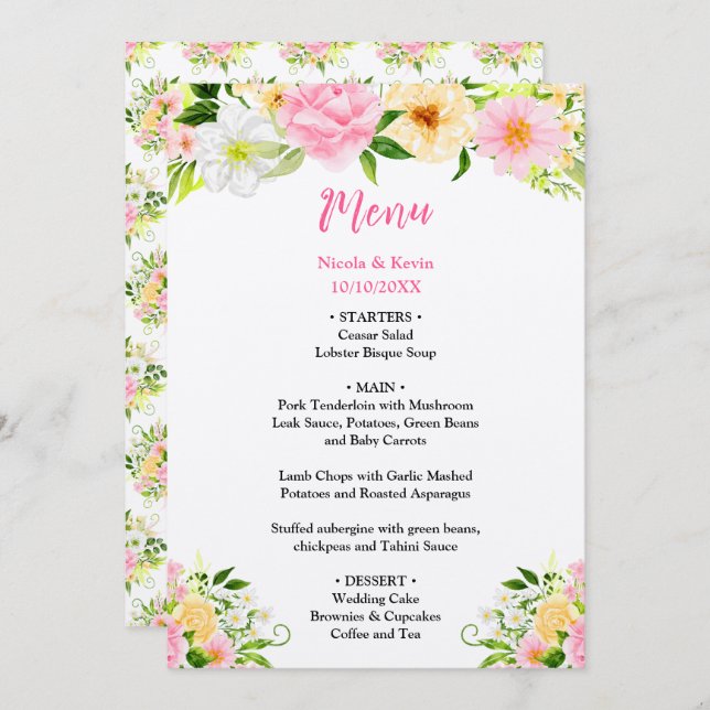 Menu Summer Pink and Yellow Flowers Wedding (Frente/Verso)