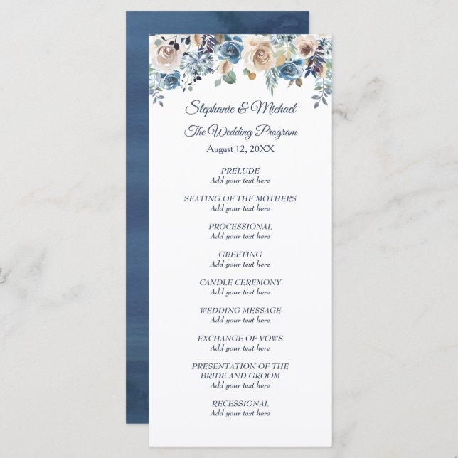 Menu Swan Floral Branco sobre o Casamento Azul (Frente/Verso)