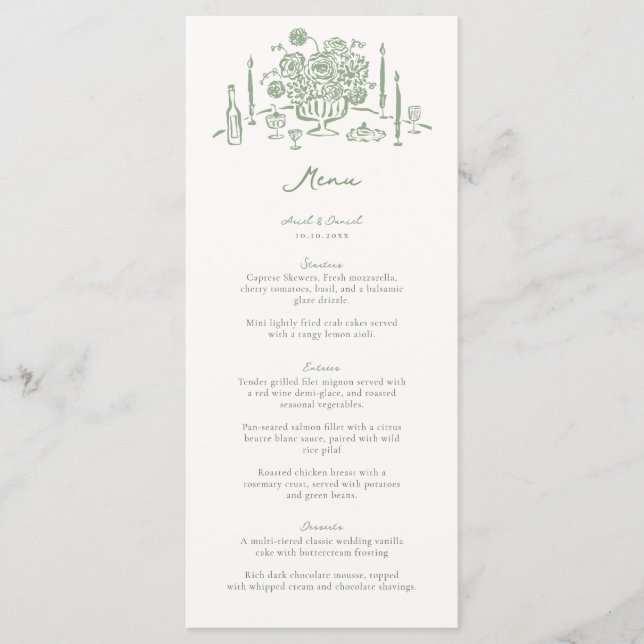 Menu Tabletop Whimsical Sage Casamento Verde Desenhado  (Frente)