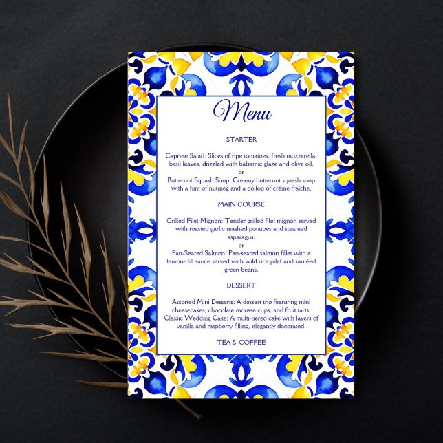 Menu Talavera azulejo — azulejos azuis mediterrâni (Talavera azulejo Mediterranean Maiolica blue tiles menu card blue and yellow tiles menu table decor)