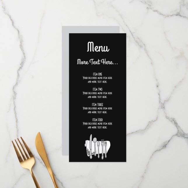 Menu Talheres Preto e Branco Design Editável 4" x 9" (Frente/Verso In Situ)