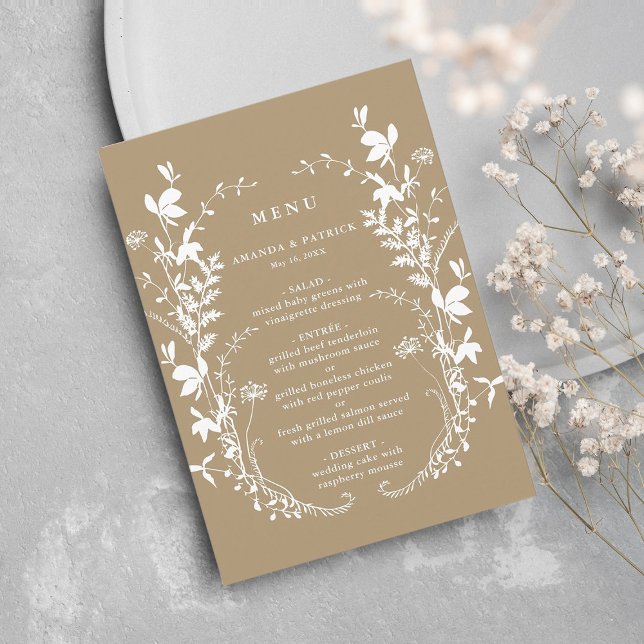 Menu Tan Wildflower Silhouette Wreath Wedding (Criador carregado)