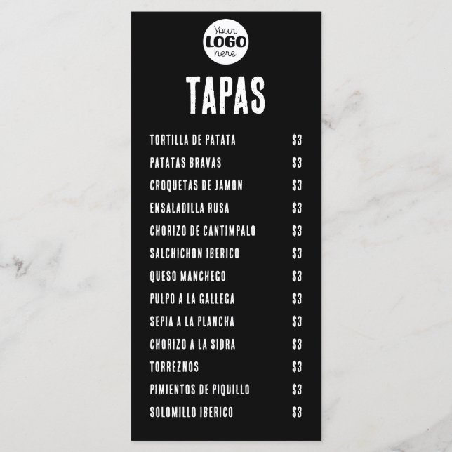 Menu Tapas e Rações Espanholas em Preto e Branco (Frente)