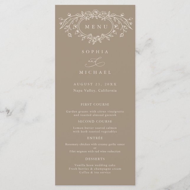 Menu Taupe and Beige Floral Line Art Wedding Flat  (Frente)