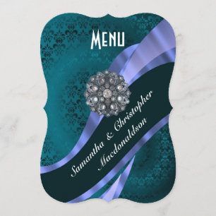 Menu Teal aqua damask elegante cardápio de casamento fo