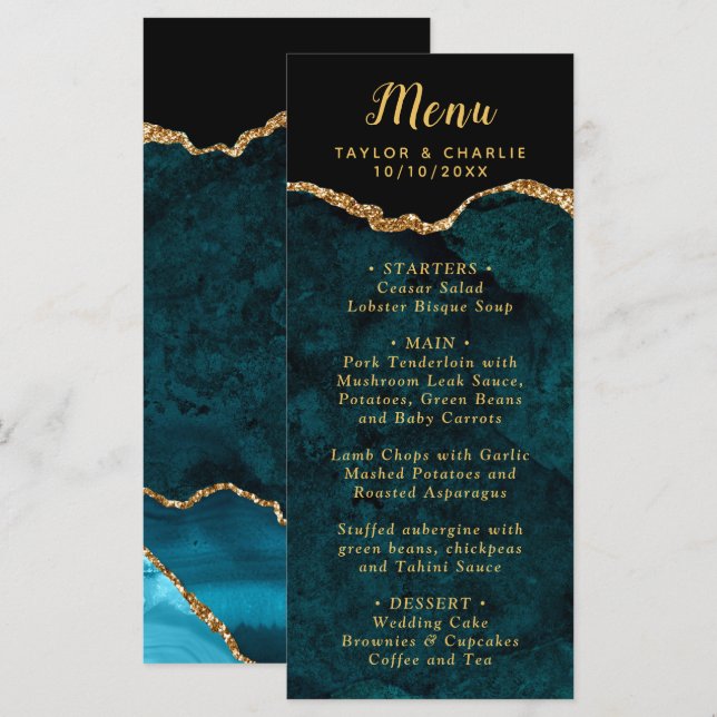 Menu Teal Blue and Gold Agate Marble Wedding (Frente/Verso)