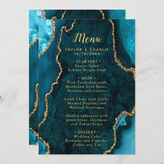Menu Teal Blue and Gold Agate Marble Wedding (Frente/Verso)