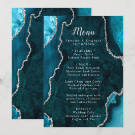 Menu Teal Blue and Silver Agate Marble Wedding