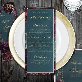 Menu Teal Bordeaux Jewel Tones Casamento Dourado
