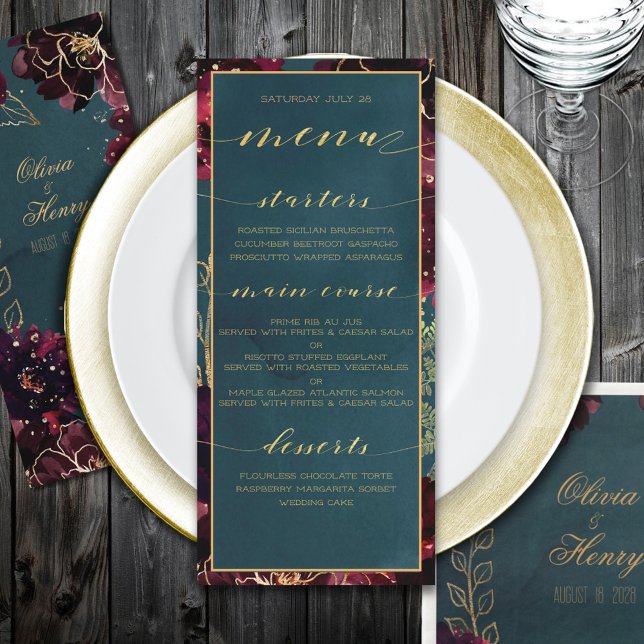 Menu Teal Bordeaux Jewel Tones Casamento Dourado (Teal Bordeaux Jewel Tones Wedding Gold Menu)