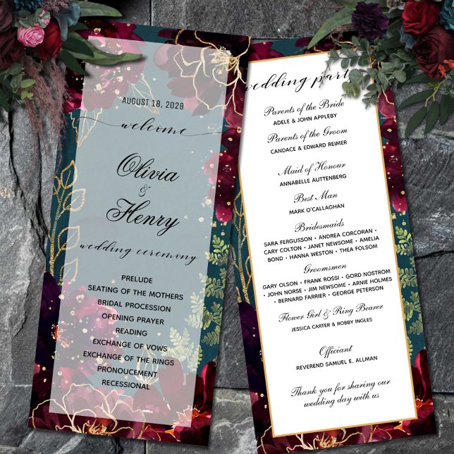 Menu Teal Bordeaux Jewel Tones Weding Program (Teal Bordeaux Jewel Tone Wedding Program double-sided)