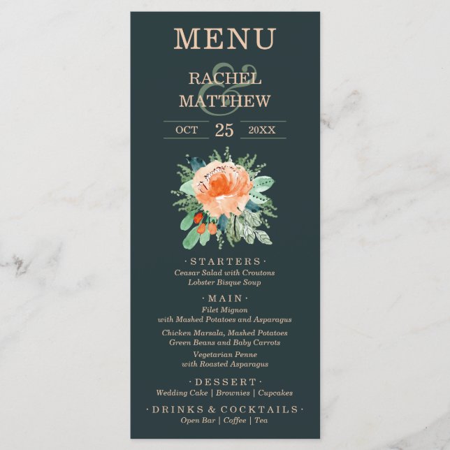 Menu Teal de Casamento Floral Watercolor (Frente)