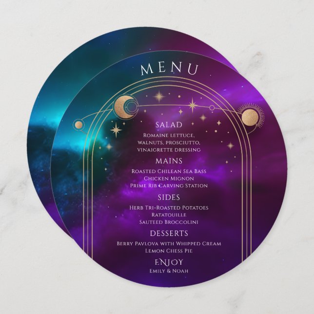 Menu Teal Dourado Solar Roxo Cósmico Estrelas Casamento (Frente/Verso)