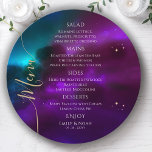 Menu Teal Dourado Solar Roxo Cósmico Estrelas Casamento<br><div class="desc">Cartões de Menu de Casamento Dourado de Teal Roxo Cósmico Apresenta estrelas douradas simples sobre um fundo cósmico púrpura colorido, teal e azul com os detalhes do menu no centro em um roteiro de caligrafia branca moderno. Personalize editando o texto nas caixas de texto fornecidas. Projetado para você pelo Evco...</div>