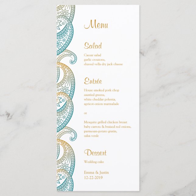 Menu Teal e Dourado Paisley Indian Weding Rackcard (Frente)
