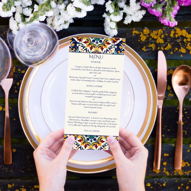 Menu Tema azulejos do Azulejo em Português para o Medit (Azulejo blue Portuguese Talavera tiles Mediterranean Morocco Turkish wedding theme Menu template)